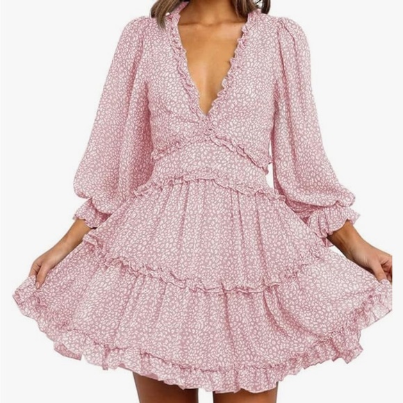 Pink Long Sleeve Ruffle Layer Swing Dress. - Picture 1 of 11